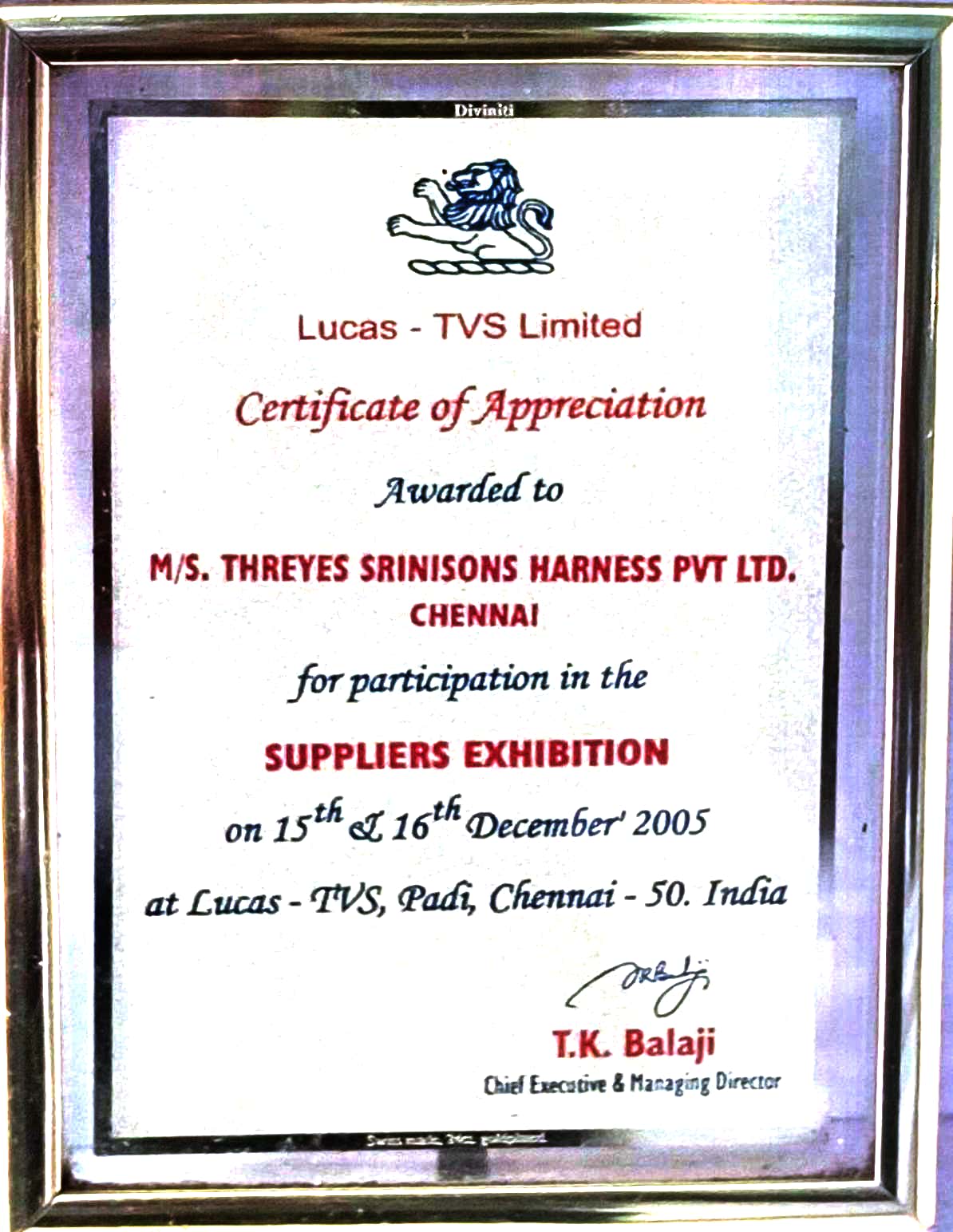 LUCAS Supplier Appreciation Award 2005